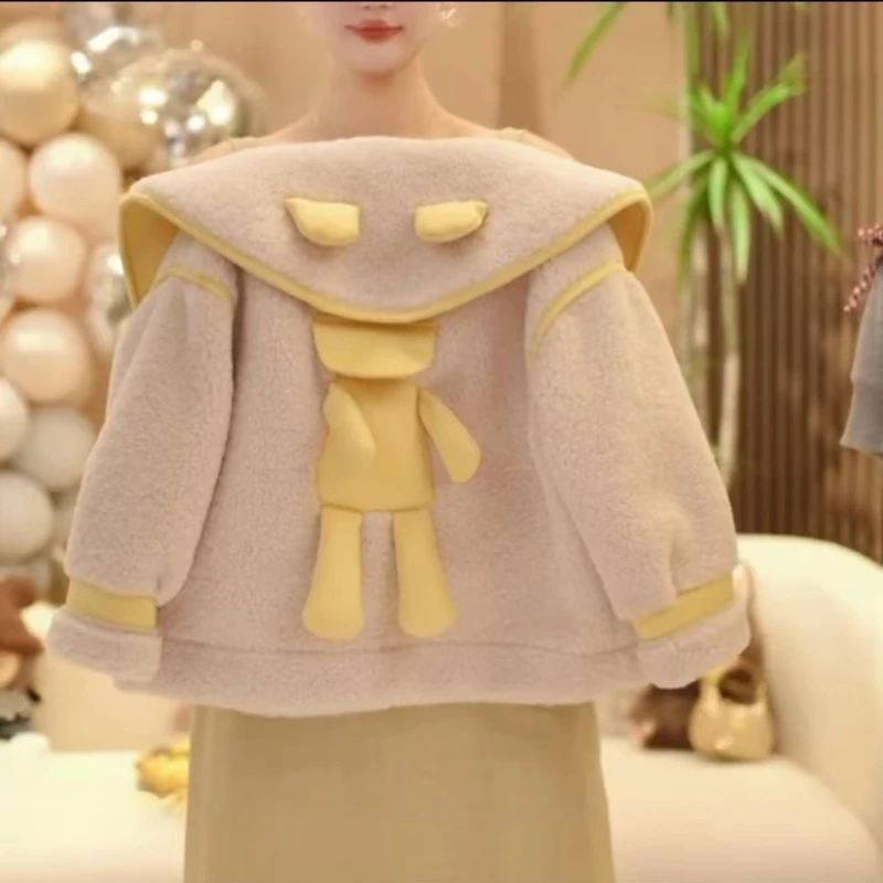 女童卡通外套秋冬2025新款翻领韩系皮毛一体大衣加厚毛毛衣甜美
