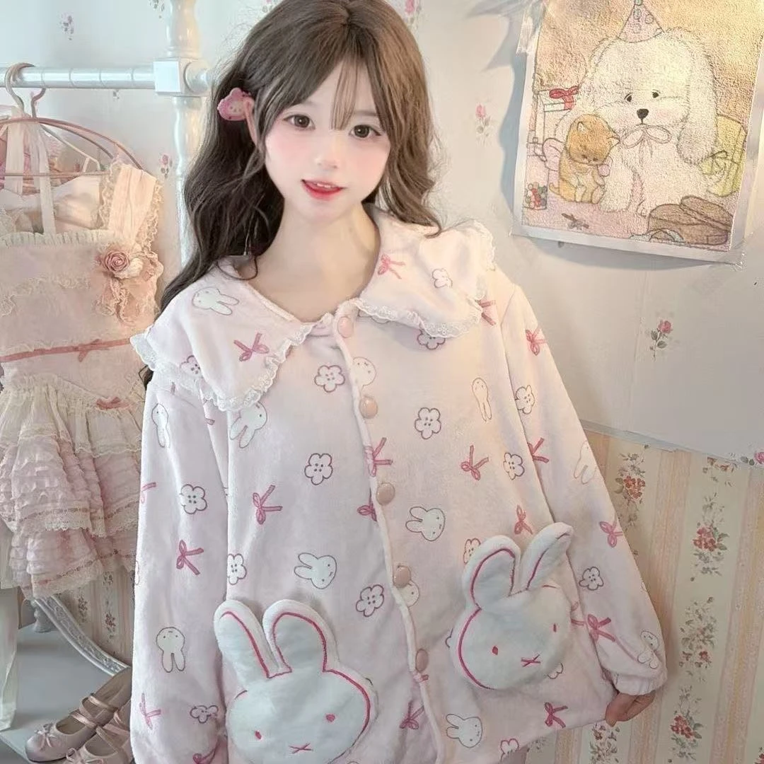 粉色米菲兔娃娃领法兰绒睡衣女加绒加厚可爱卡通甜美家居服套装冬