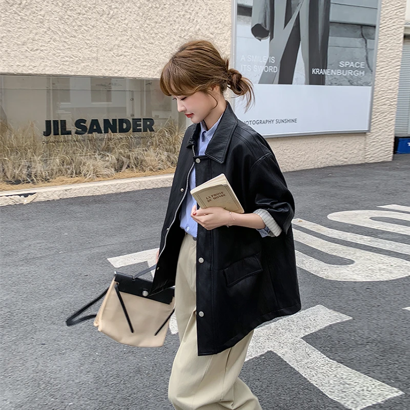 黑色设计感单排扣皮衣外套女2025年春季新款百搭休闲工装PU皮夹克