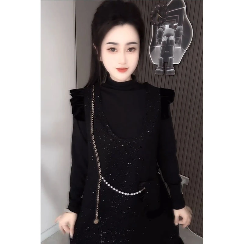 小众特色韩版时尚套装小香风长袖针织修身高领黑色气质女装