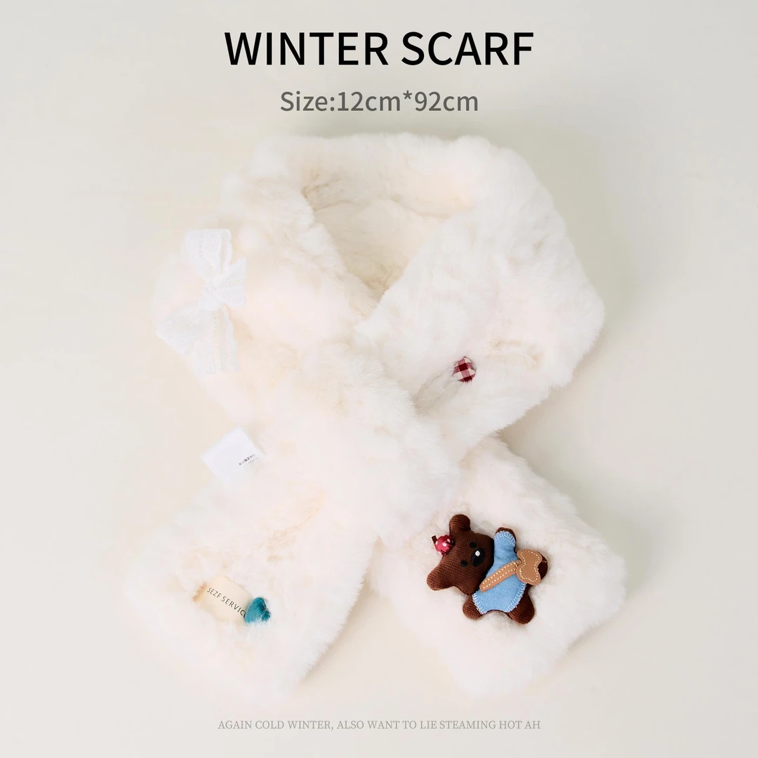 2025新款可爱毛绒围巾女冬季外搭保暖韩版小熊蝴蝶结毛毛交叉围脖