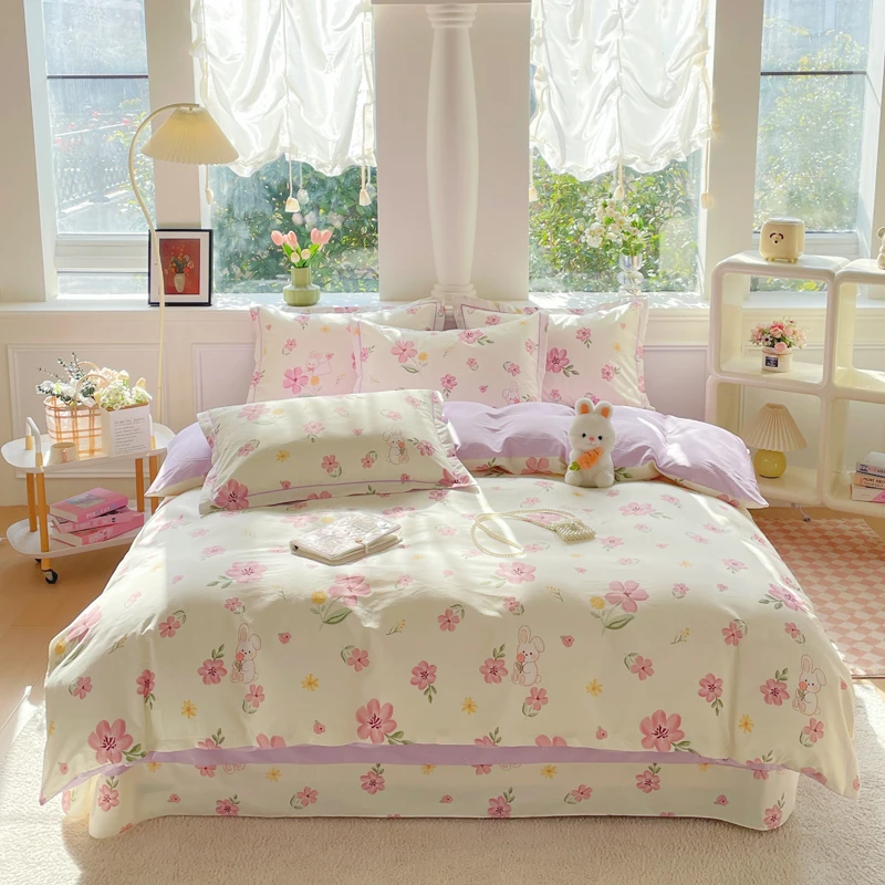 100%全棉四件套清新印花双面斜纹纯棉宿舍床单被套柔软亲肤四件套