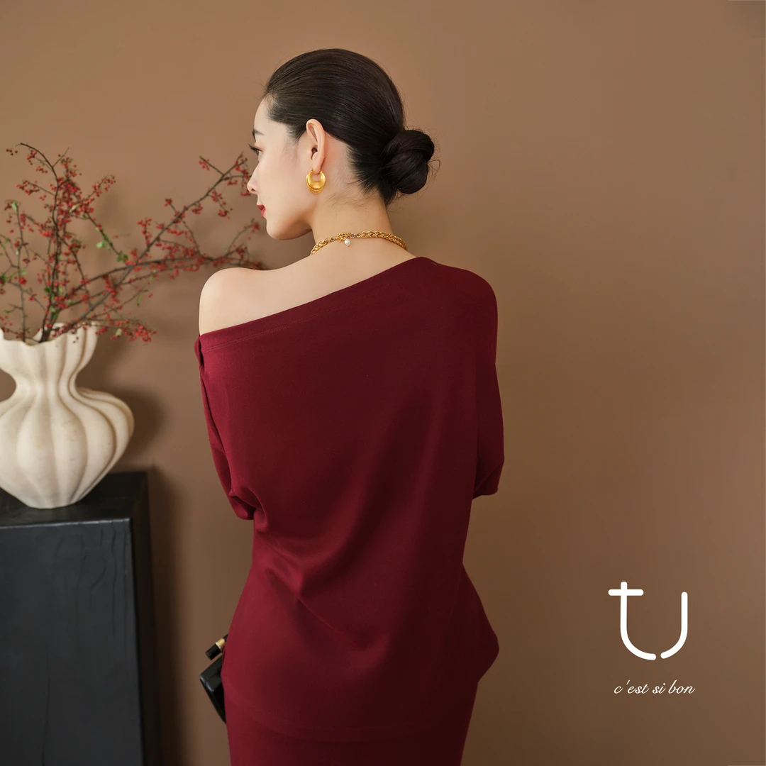 【新年系列】TU女装 针织羊毛一字领上衣红色气质百搭内搭打底