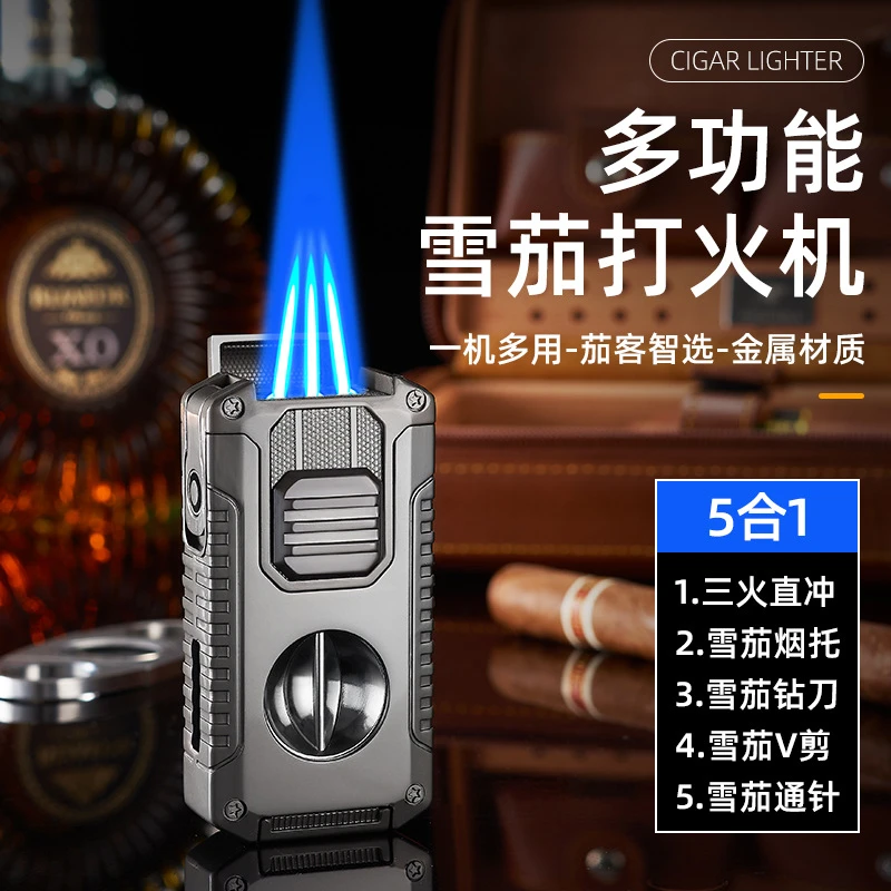 新款三火打火机创意可视气仓多功能V型剪刀雪茄专用充气防风火机