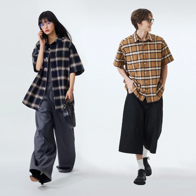 PSOBrand210克全棉色织刺绣LOGO格纹短袖衬衫纯棉复古衬衣PCS069