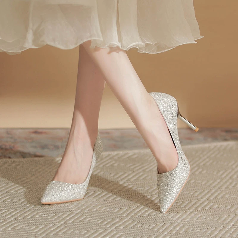 主纱婚鞋禾秀婚纱两穿新娘鞋女2025订婚金色水晶高跟鞋不累脚婚礼