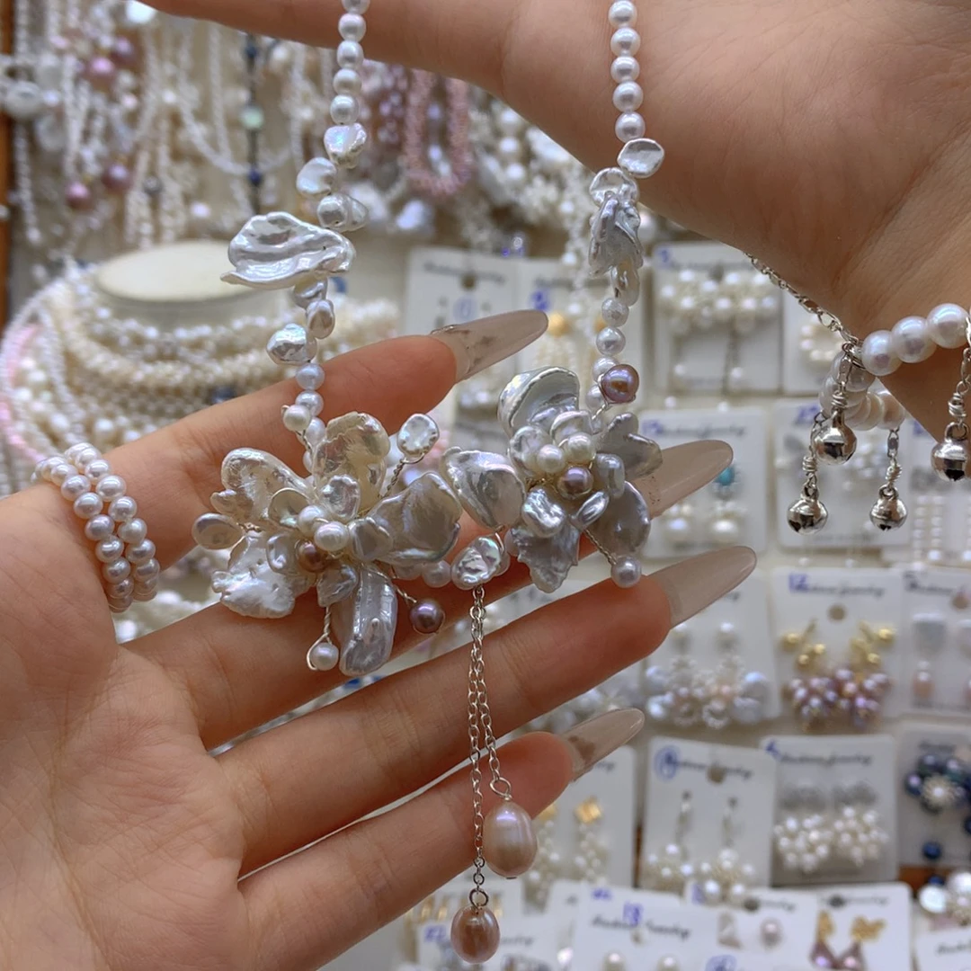 美***芝银S925镶嵌淡水珍珠项链耳饰