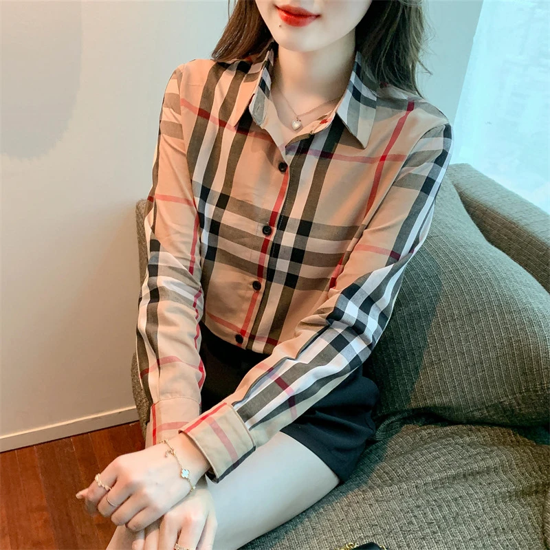 卡其色经典格子翻领衬衫女2025年春秋宽松长袖百搭衬衣英伦风外套