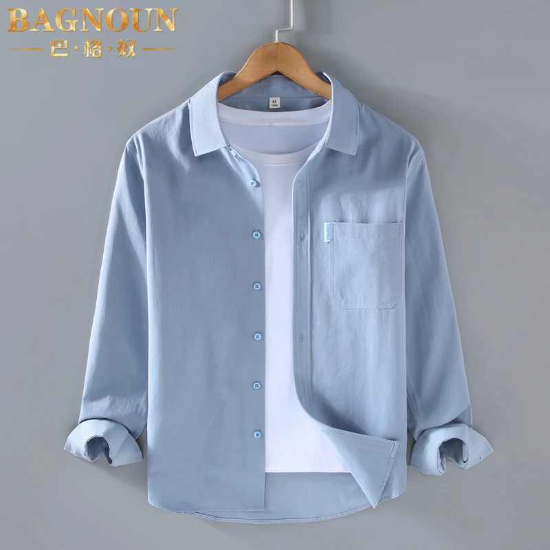 巴格奴长袖衬衫男士春秋新款时尚轻奢纯棉潮流纯色休闲翻领款衬衣