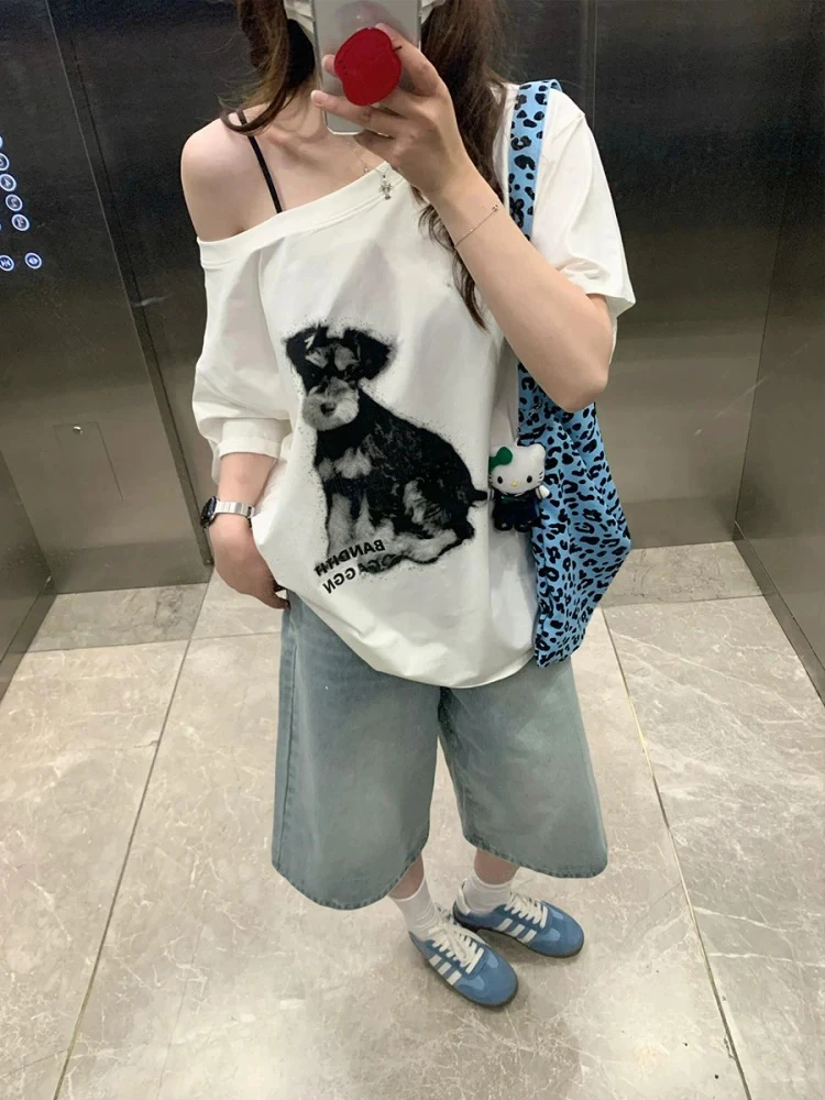 美式慵懒风辣妹小狗印花斜肩短袖t恤女夏季新款休闲宽松露肩上衣