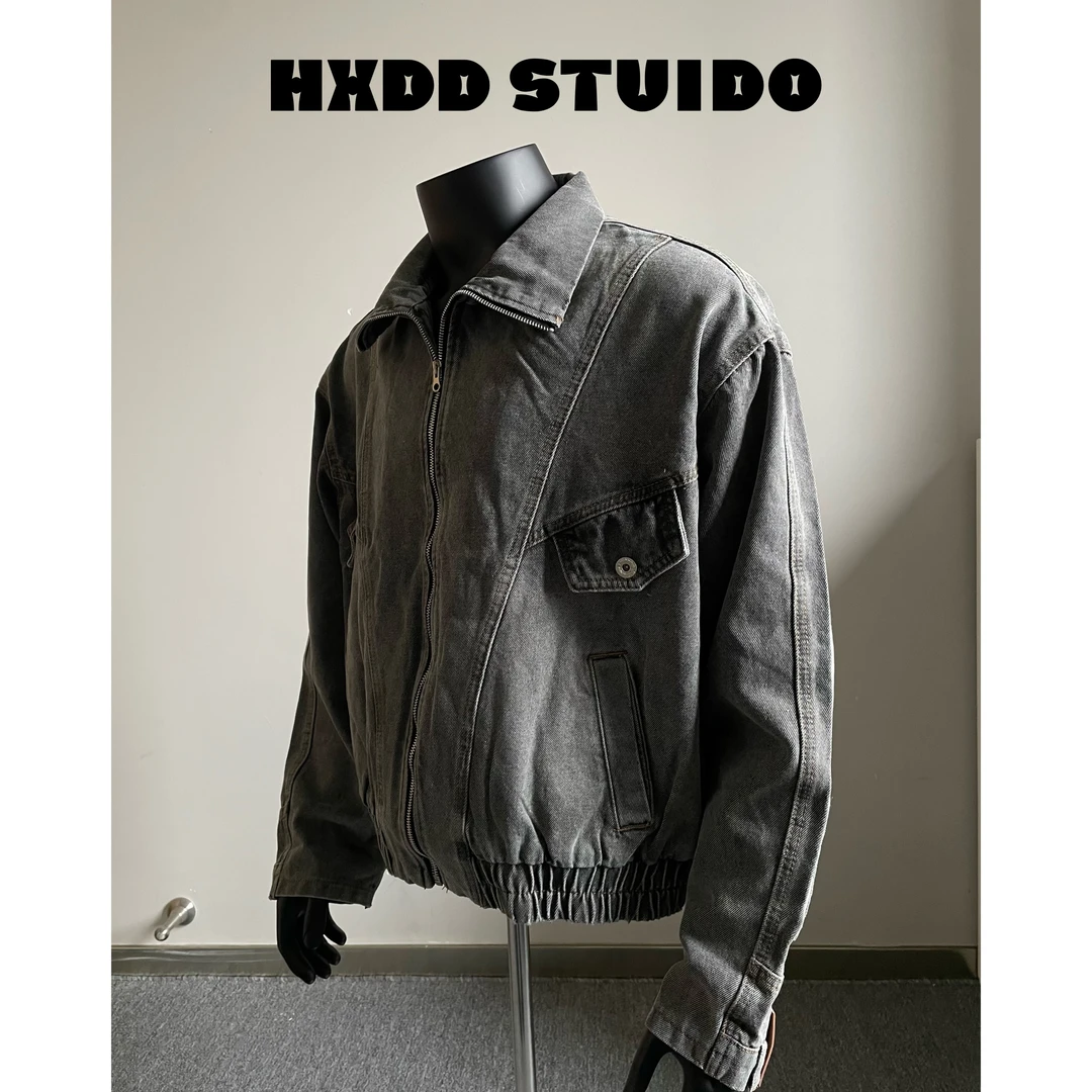 黑熊 美式复古做旧水洗设计感解构重工倒装牛仔外套情侣夹克潮316