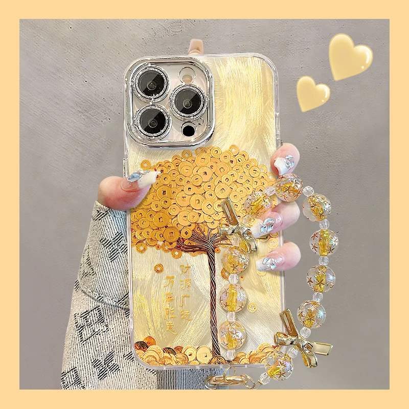黄金发财树适用苹果17手机壳iphone15promax羽纱16高级感国风手链