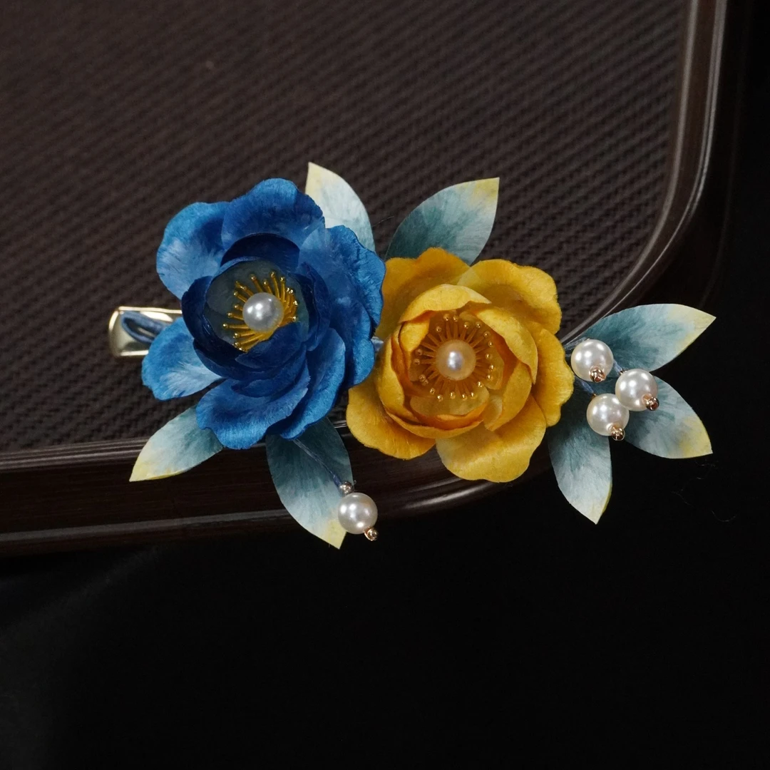 并蒂牡丹蓝黄 发夹非遗绒花发饰头饰新中式南京绒花古风旗袍发夹