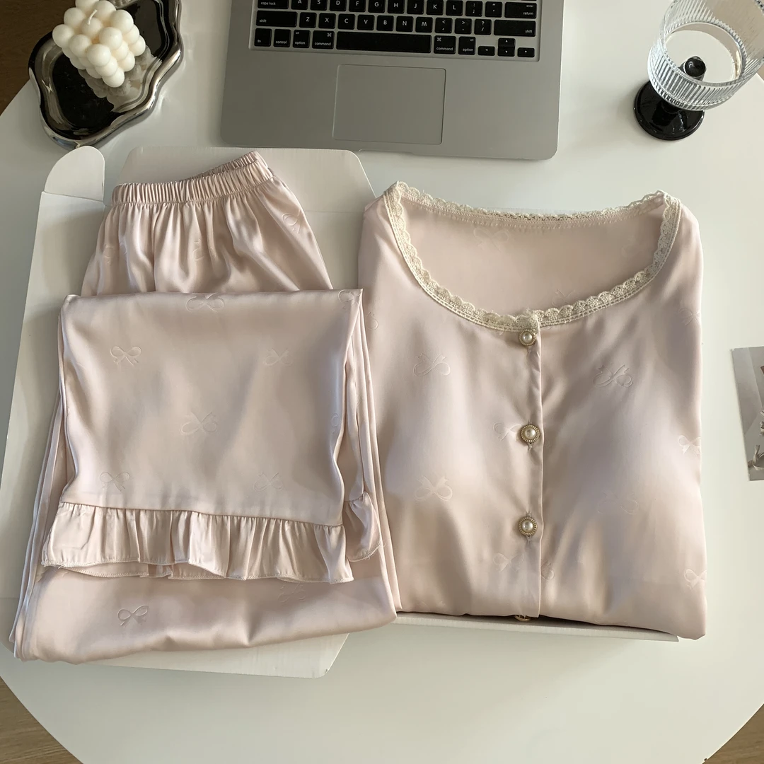 睡衣女春夏木耳边法式甜美蝴蝶结提花带胸垫长袖可外穿家居服套装