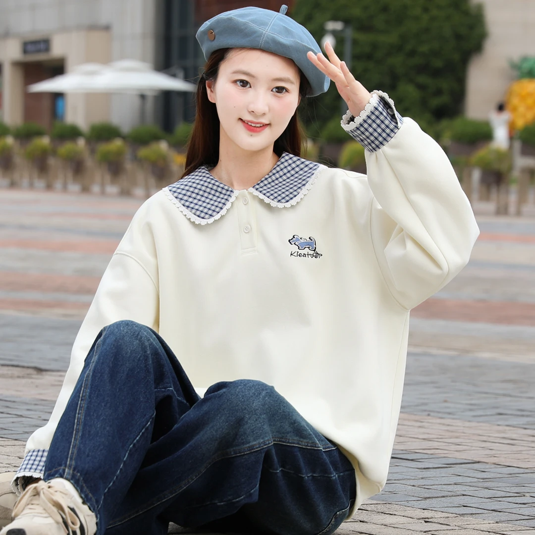 初中生卫衣女可爱格子娃娃领高中学生大童长袖上衣春秋季韩版宽松
