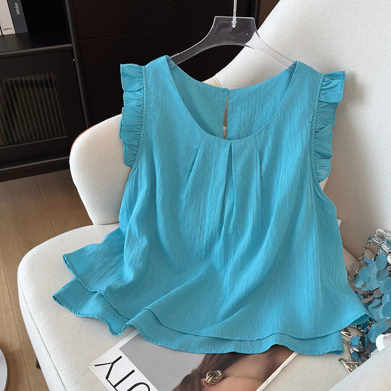 2025夏季新款韩版时尚飞飞袖设计衬衫女温柔木耳边百搭高级感上衣