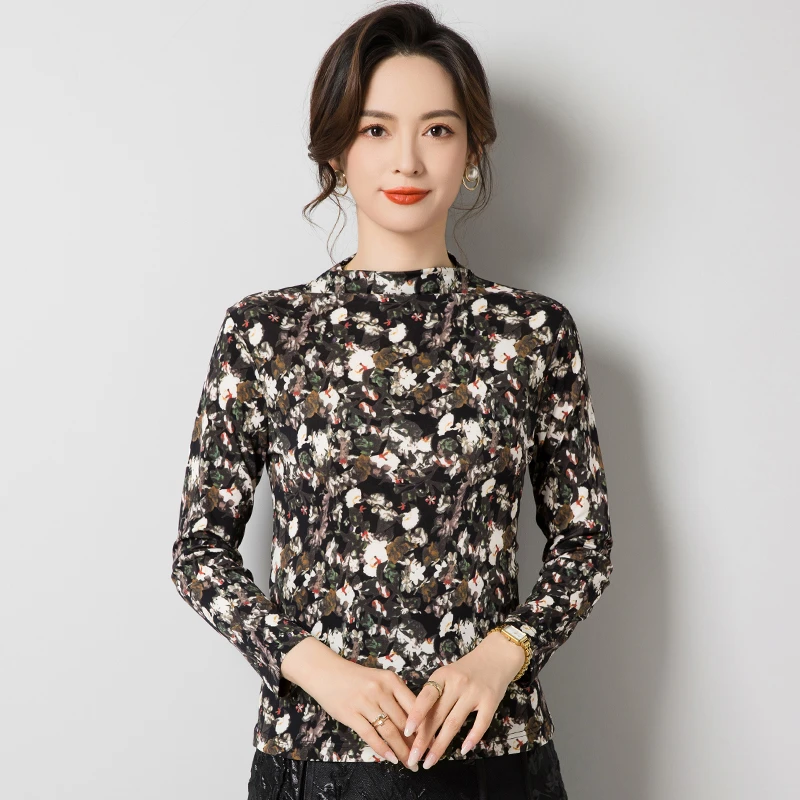 100桑蚕丝针织长袖T恤女薄款半高领印花真丝上装套头上衣F9098