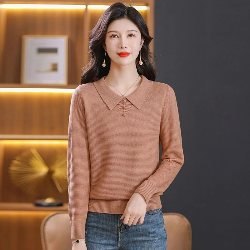 秋季时尚娃娃领长袖百搭针织衫上衣气质洋气百搭宽松套头毛衣女