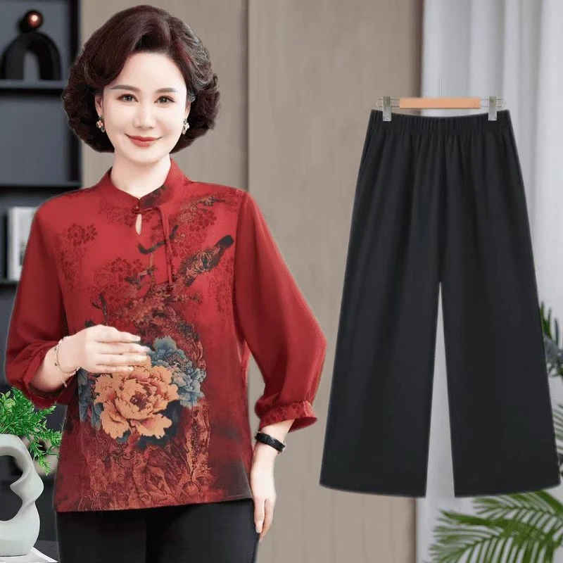 9451-夏季新款新中式国风气质洋气妈妈装套头上衣+裤子套装