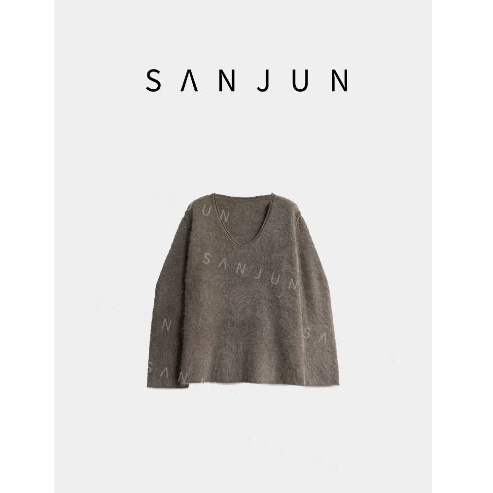 SANJUN 高端定制 时尚慵懒感V领绵羊毛长袖针织上衣  6227