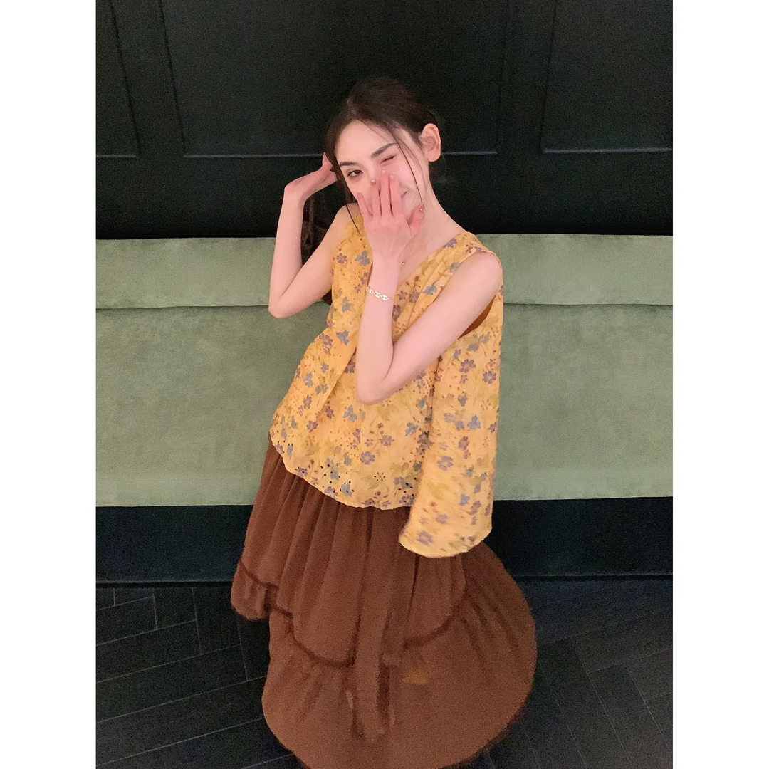 赵小小【故事的小黄花～】叠穿镂空无袖衬衫宽松背心上衣女28698