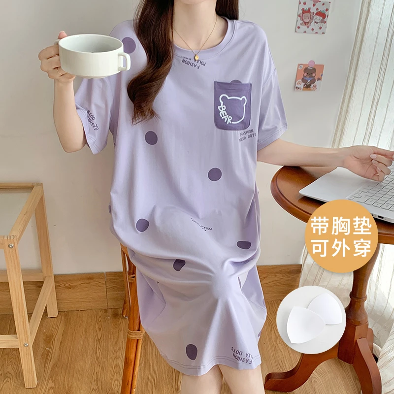 浪莎夏季带胸垫睡裙女士免穿文胸短袖连衣裙宽松休闲少女家居服G