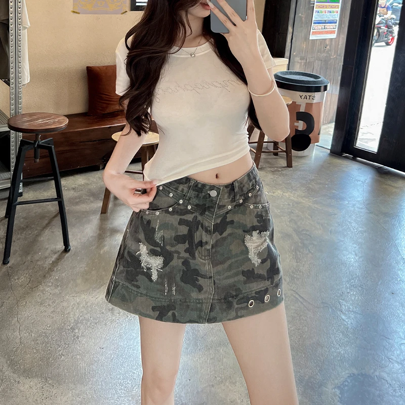 美式迷彩牛仔半身裙女夏季2025新款高腰显瘦a字裙辣妹包臀超短裙