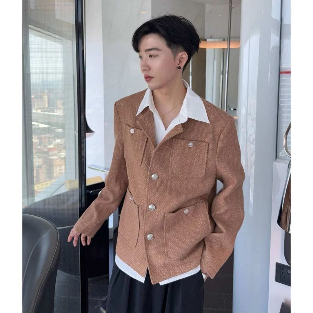 陈大富小香风工装口袋撞色翻领外套男秋冬颗粒感高级衬衫拼接夹克