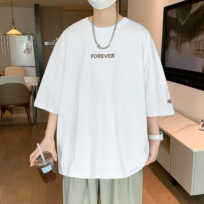 青少年宽松短袖t恤夏季潮流落肩袖字母印花短袖上衣