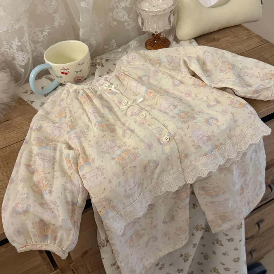 亲子款纱布长袖长裤套装家居服男女童宽松宝宝衣服春秋款