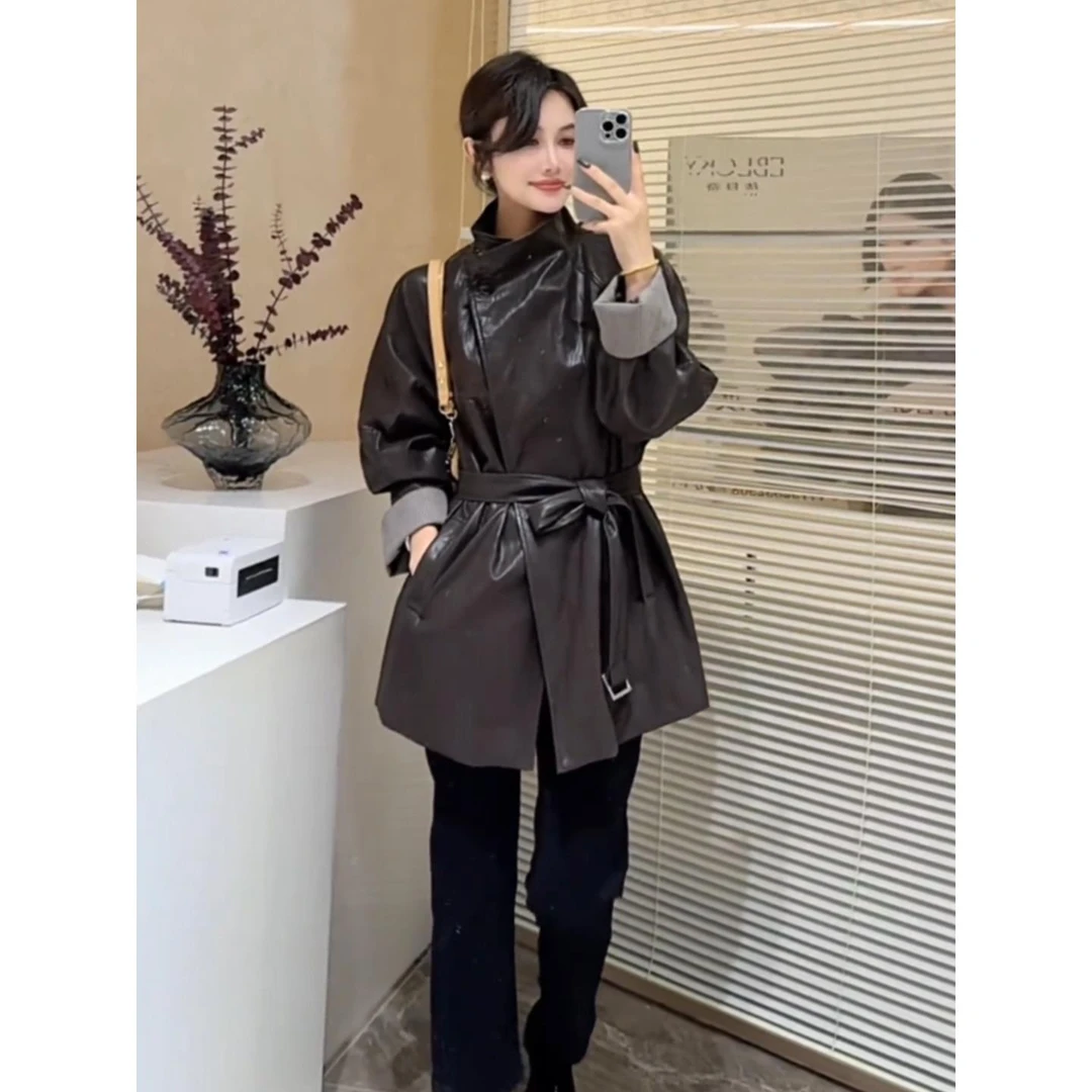 JIA Shop 老板娘定制韩版气质辣妹酷飒气质绑带皮衣外套夹克上衣
