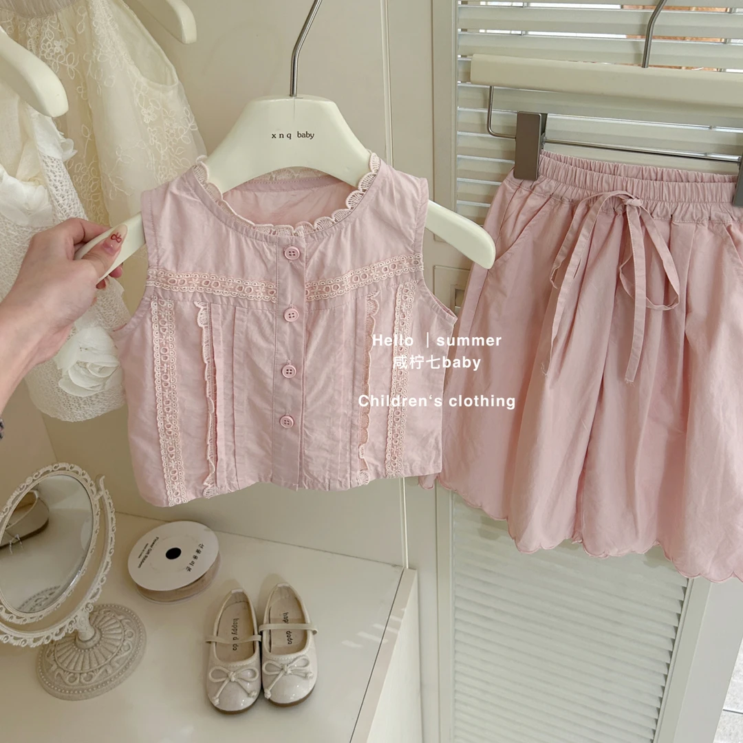 【咸柠七】女童夏季背心套装2025新款儿童花边无袖上衣阔腿裤两件套