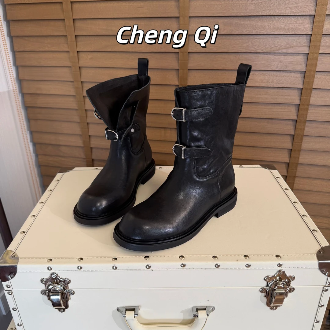 【ChengQi】2025年新款黑色重工水洗马皮2025高级感独特漂亮靴子