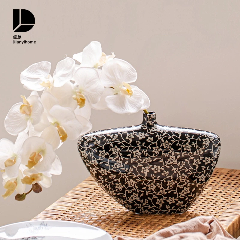 花瓶摆件客厅插花陶瓷中古高级感水培中式艺术创意装饰餐桌黑色大