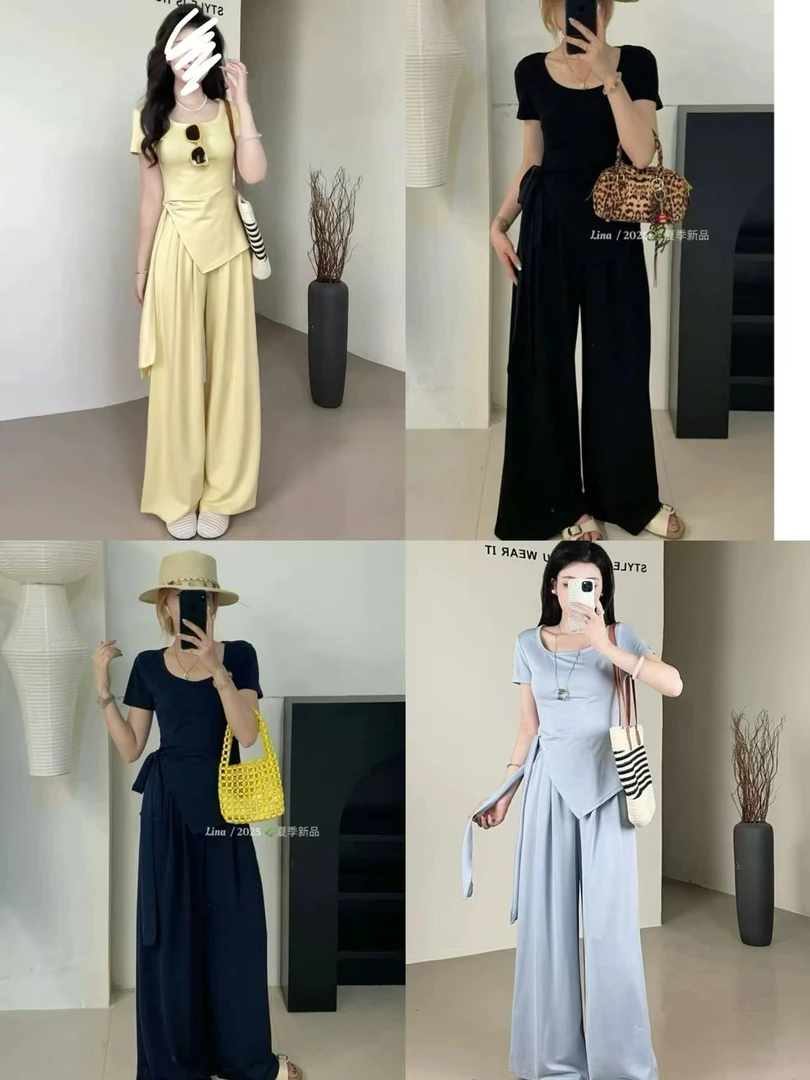 夏季大码微胖mm慵懒风不规则收腰绑带垫肩时尚阔腿裤休闲两件套装