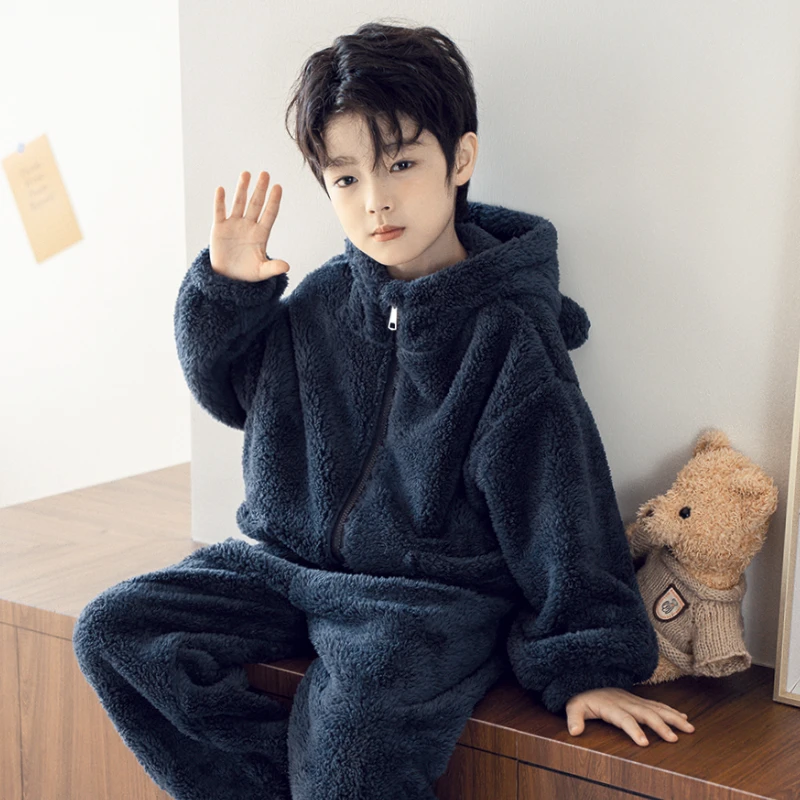 极简风休闲风韩版百搭家居服套装连帽冬款宝宝儿童睡衣秋冬加厚