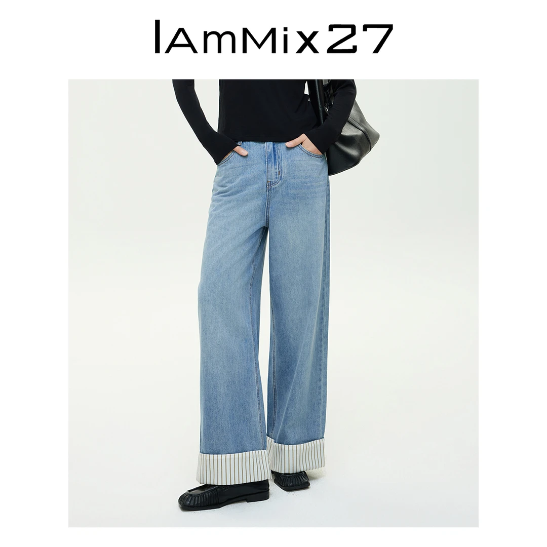 Iammix27春秋阔腿牛仔裤休闲百搭水洗翻边直筒裤女长裤Z5C7002