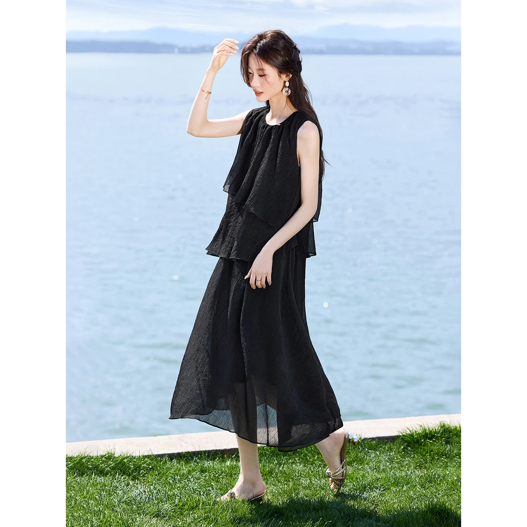 沫晗依美【多瑙河之夜】宽松廓型轻盈黑色长裙25夏日出游蛋糕连衣裙