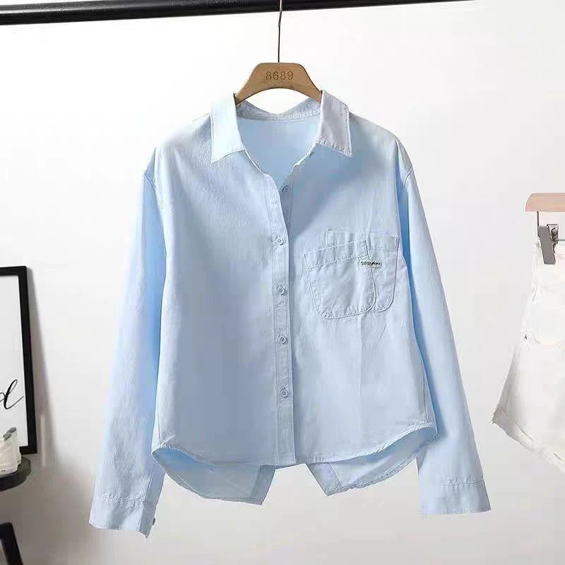 纯棉时尚纽扣短款短袖长袖口袋薄款衬衫女装女士宽松白色春夏衬衫
