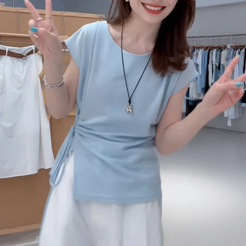2025夏季百搭褶皱设计感侧开叉绑带收腰短袖T恤女洋气打底衫上衣
