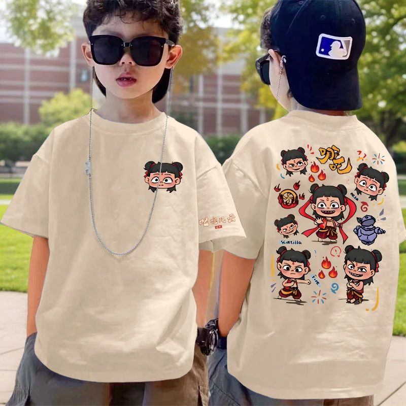 新款潮流夏装小男孩宽松纯棉短袖T恤圆领半袖男童哪吒国风上衣