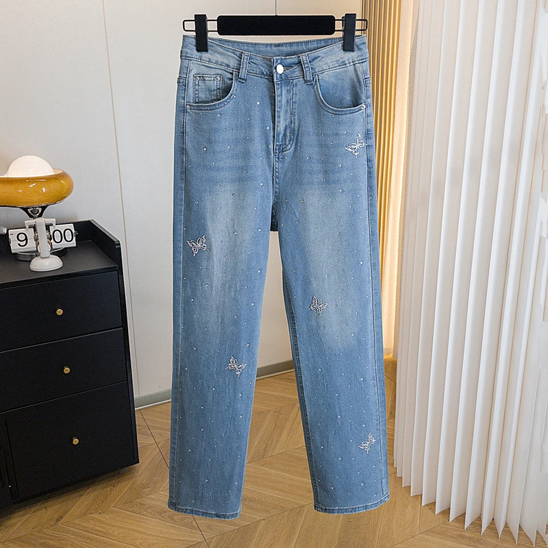 2025夏季新款烫钻气质直筒长裤微胖梨形简约个性显瘦窄版牛仔裤子