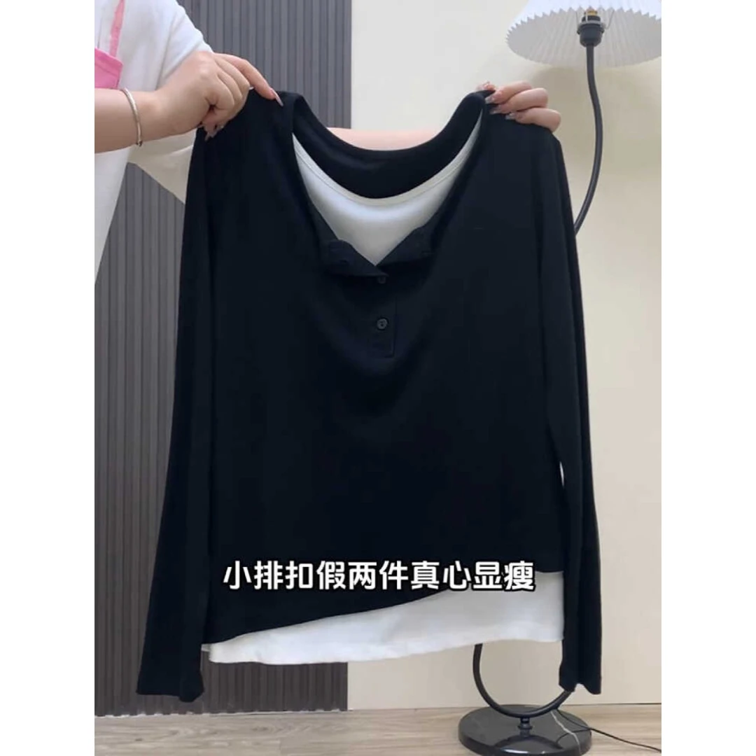 2025春季假两件撞色长袖T恤女韩版减龄打底衫洋气设计感内搭上衣