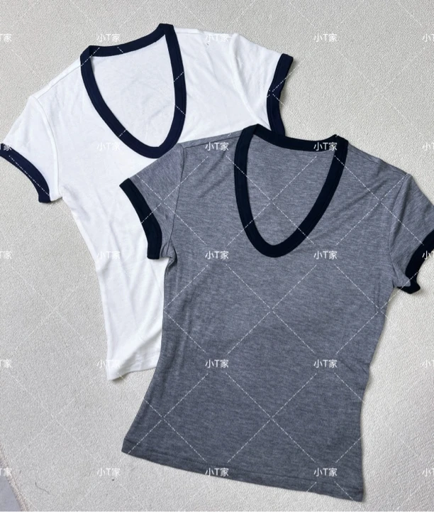 南油【蛋蛋家】天丝羊毛V领撞色领边T恤