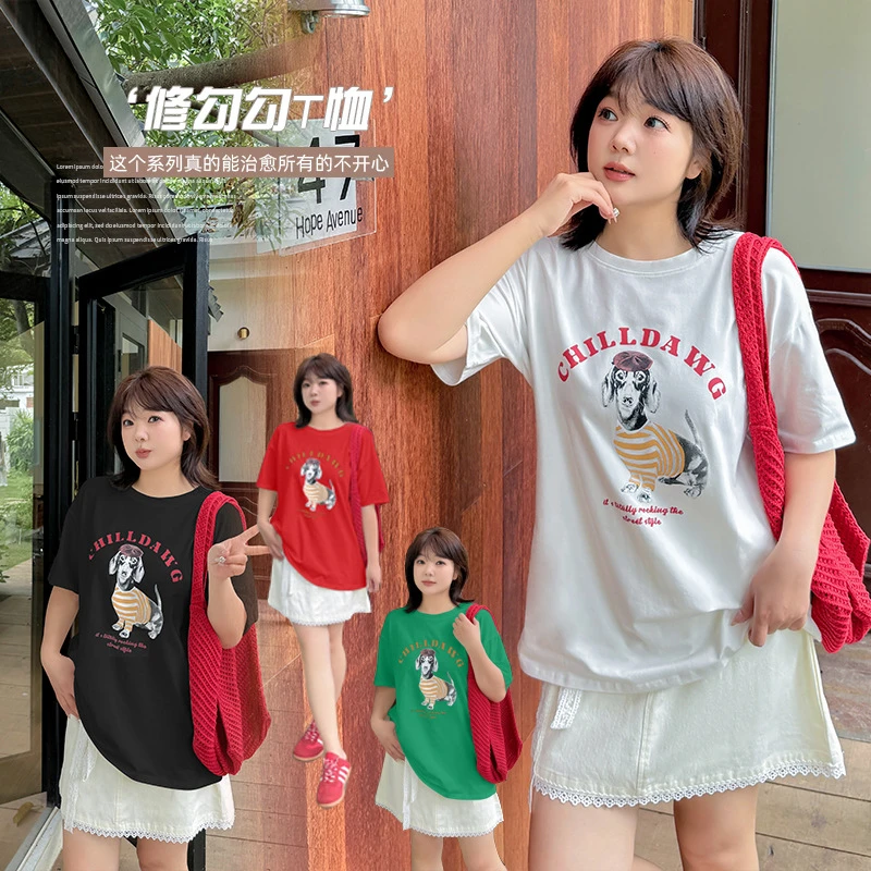 【孟孟专属】2025夏季复古狗狗印花短袖T恤大码女装显瘦上衣222557