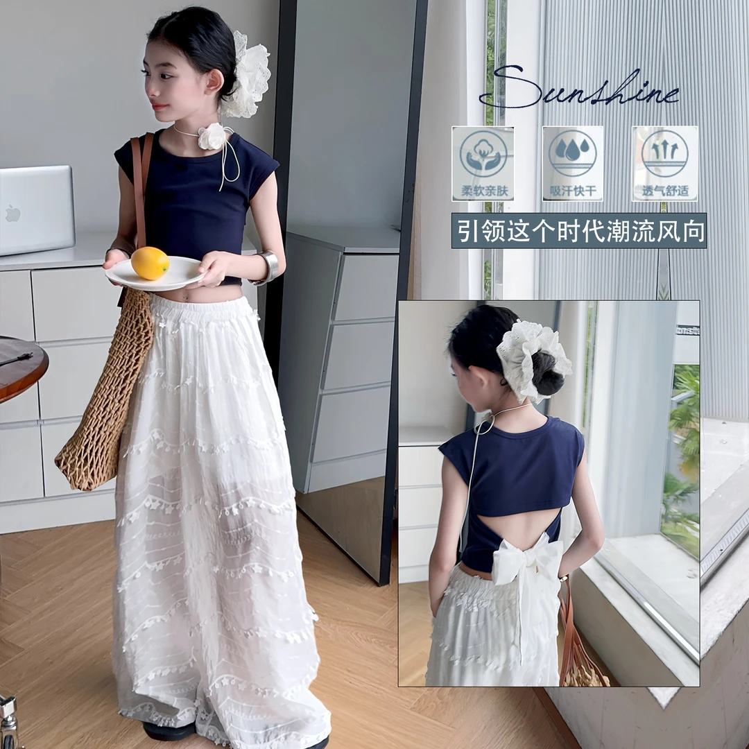 女童韩系气质阔腿裤套装夏季2025新款儿童洋气镂空短袖宽松拖地裤