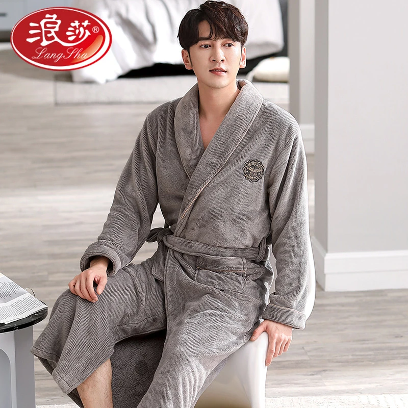 浪莎法兰绒柔软保暖秋冬季长袖睡袍宽松休闲男士睡衣简洁时尚家居