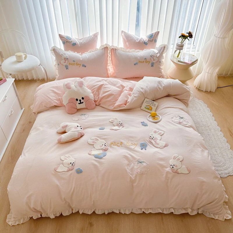 左柚家丨奶糖兔  可爱立体卡通刺绣全棉水洗棉四件套单人床三件套