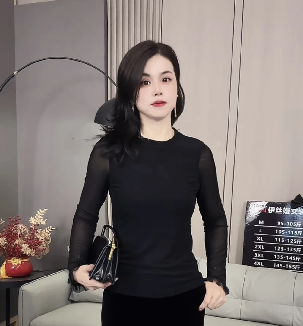 新款面膜丝绒圆领长袖显瘦小衫上衣