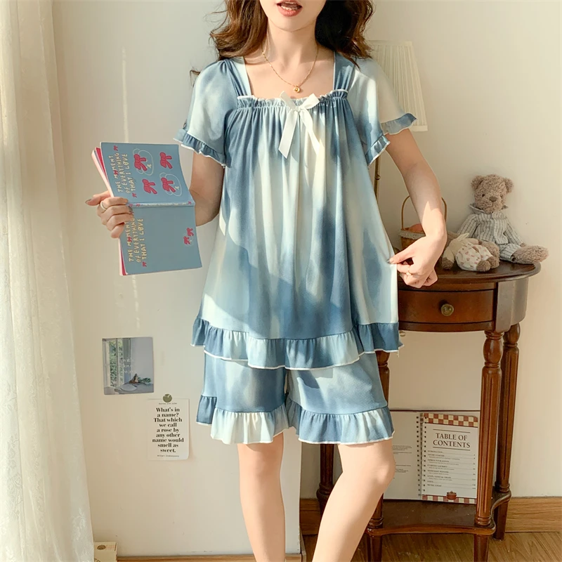 夏季特大码冰丝睡衣女款宽松薄款短袖学生冰凉感家居服套装可外穿